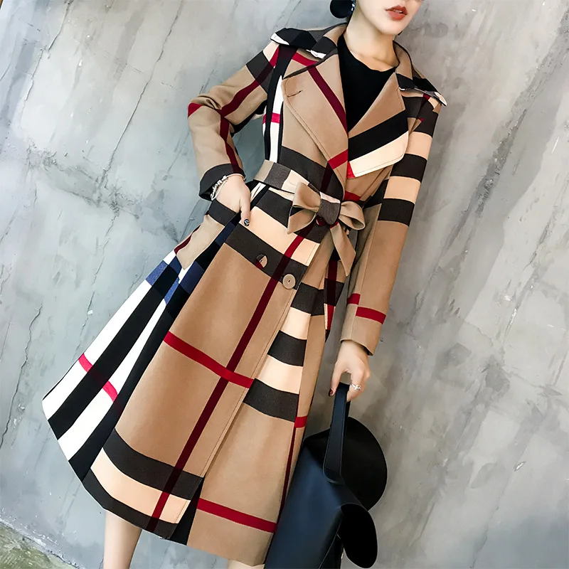 Top Trends: 2023 American Women's Autumn And Winter New Plaid Lapel Mid Length Color Matching Retro Trench Coat Long Sleeve Coat Windbreaker Shoppable Styles