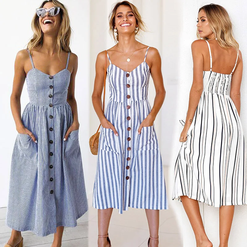 Top Trends: Boho Sexy Floral Dress Summer Vintage Casual Sundress Female Beach Dress Midi Button Backless Polka Dot Striped Women Dress2024 Shoppable Styles