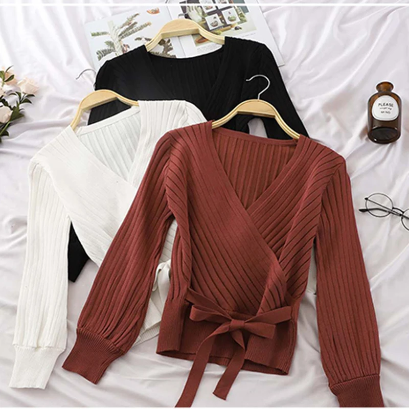 Top Trends: LJSXLS Autumn Winter Elegant Bow Knitted Sweater Woman V-Neck Pullovers Sweaters Long Sleeve Slim Jumper 2023 Women Clothing Shoppable Styles