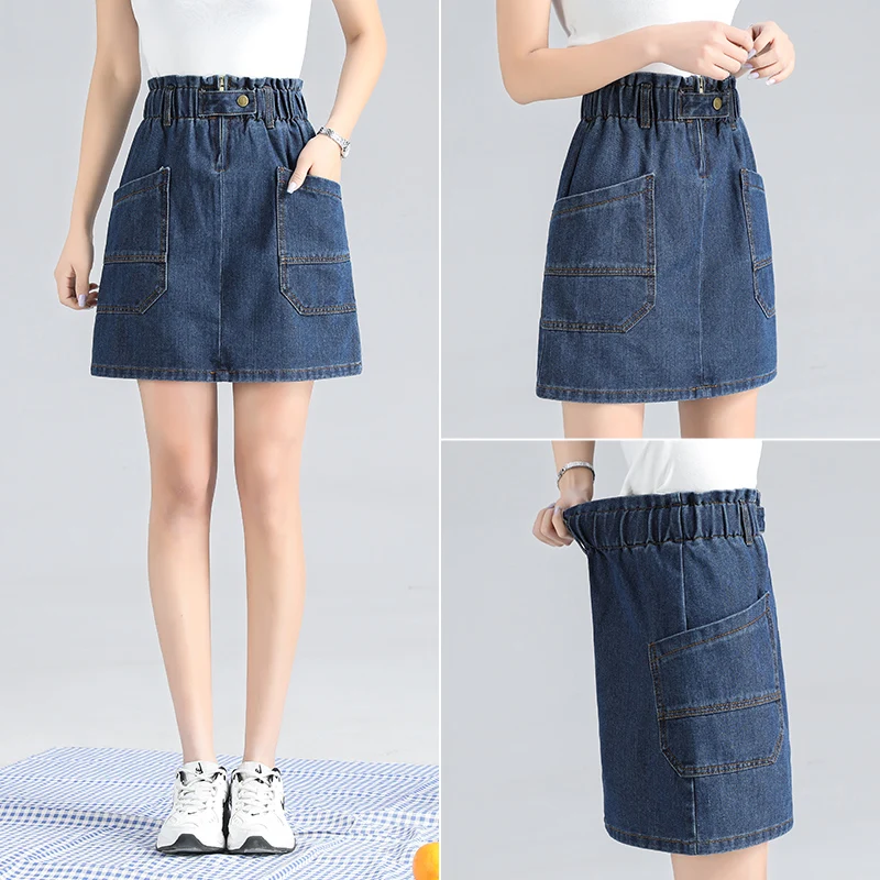 Top Trends: Students Elastic Waist Denim Skirts Women High Waist Button Pockets Split Jeans Straight Skirts Plus Size A-line Skirt Shoppable Styles