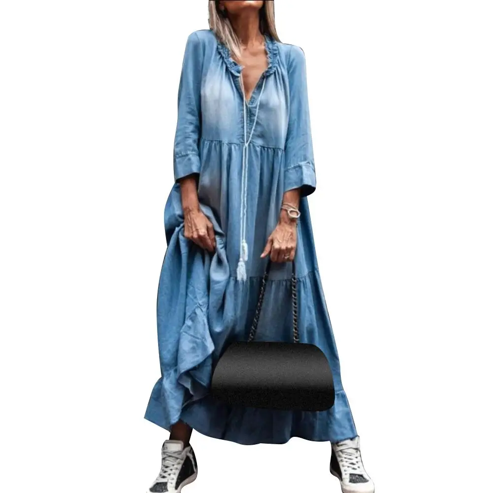 Top Trends: Dress Denim Apparel Summer Vintage Dress Women Lace V Neck 3 / 4 Sleeve Large Hem Tassel Loose Maxi Denim Dress Shoppable Styles