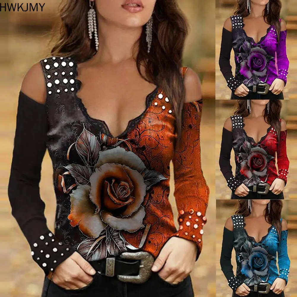 Top Trends: New Fashion Women Luxury Skinny Rose T-Shirt Flower Printed Off-Shoulder Rhinestone Long Sleeve Loose Clothing XS-5XL Shoppable Styles