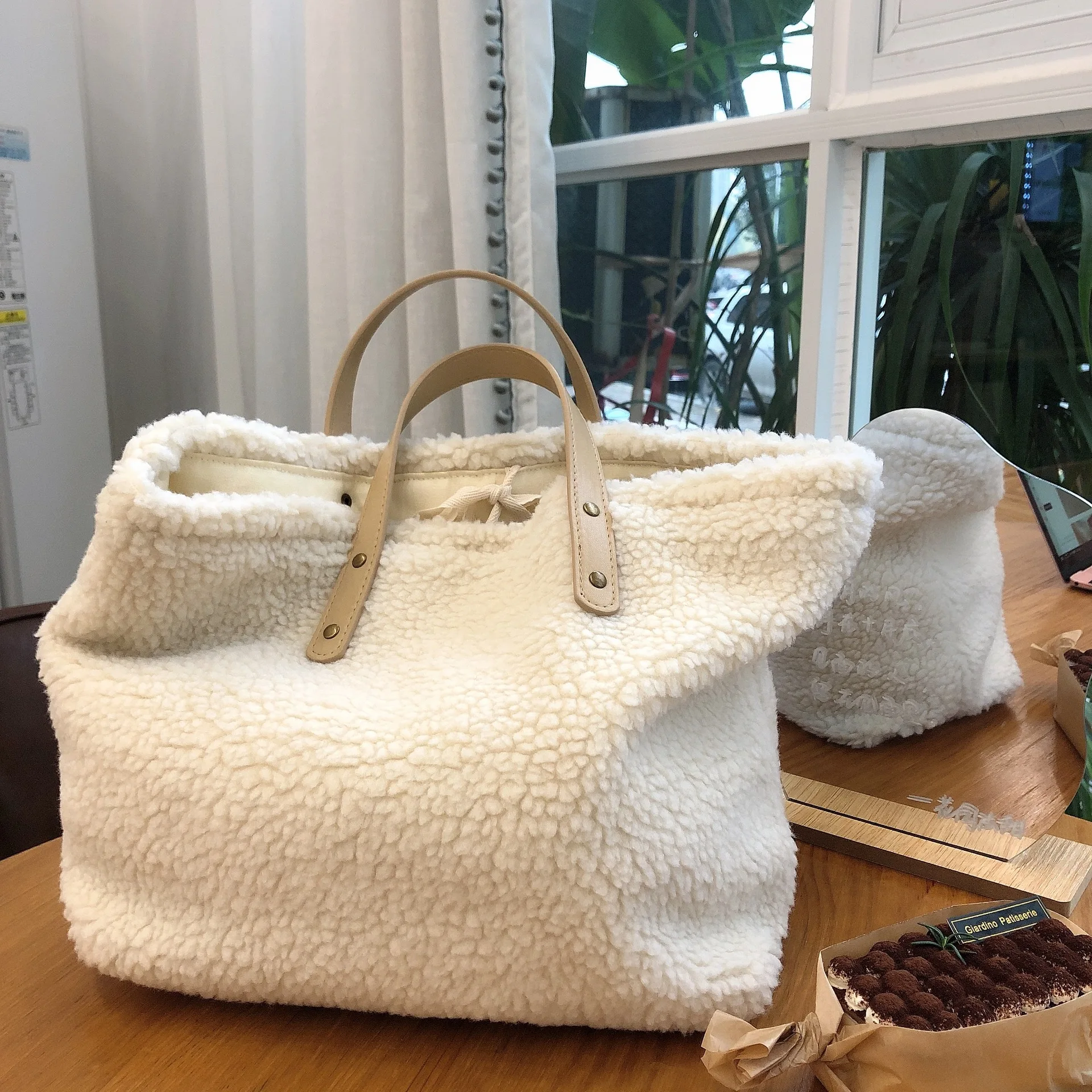 Top Trends: Apricot Lamb Wool Bag Handbag Women&#039;s Bag Shoulder Bag Reusable Shopping Bags Casual Tote Female Warm Cream Rice Handbag Shoppable Styles