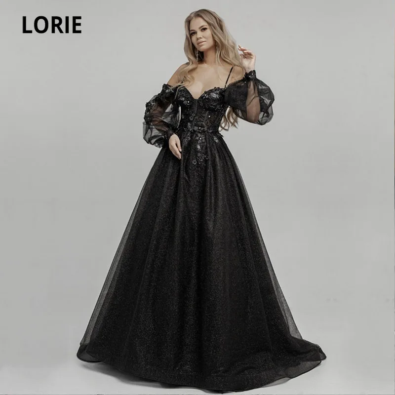 Top Trends: LORIE Black Glitter Wedding Dresses Puff Sleeves Long Spaghetti Strap Lace And Flowers Boho Bride Gown 2021 Vestidos De Novia Shoppable Styles