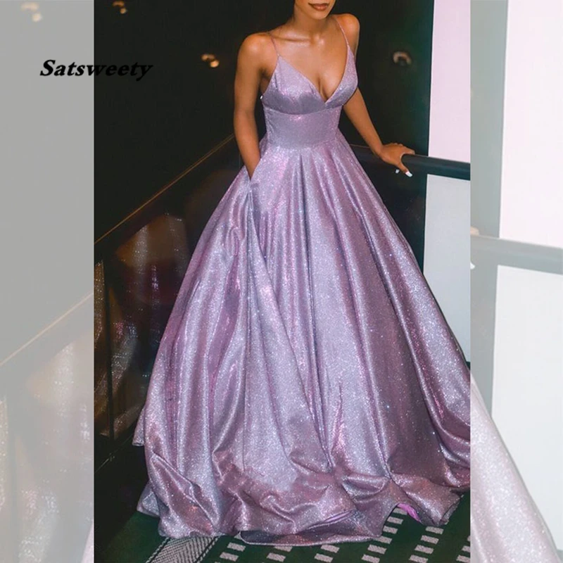 Top Trends: Sparkly Lavender Prom Dresses Sexy V-neck Formal Dresses For Party Spaghetti Strap Lace Up Back Prom Gowns With Pockets Shoppable Styles