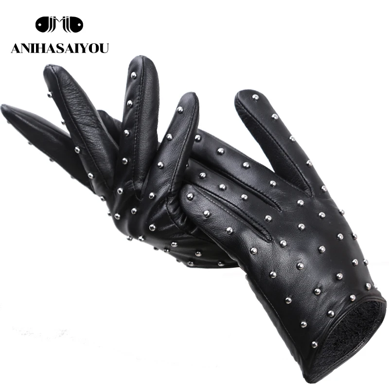 Top Trends: Rivets Genuine Leather Sheepskin Women&#039;s Gloves Thin Warm Women&#039;s Winter Gloves Driving Motorcycle Women&#039;s Leather Gloves-7017 Shoppable Styles