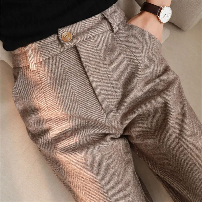 Top Trends: Herringbone Woolen Pants Women&#039;s Harem Pencil Pants 2022 Autumn Winter High Waisted Casual Suit Pants Office Lady Women Trousers Shoppable Styles