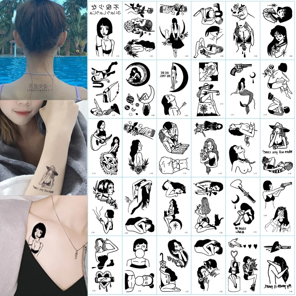 Top Trends: Black Simple Lines Ukiyo-e Waterproof Temporary Tattoo Stickers Arm Leg Body Ankle Girl Sexy Fashion DIY Tattoo Decals Wholesale Shoppable Styles