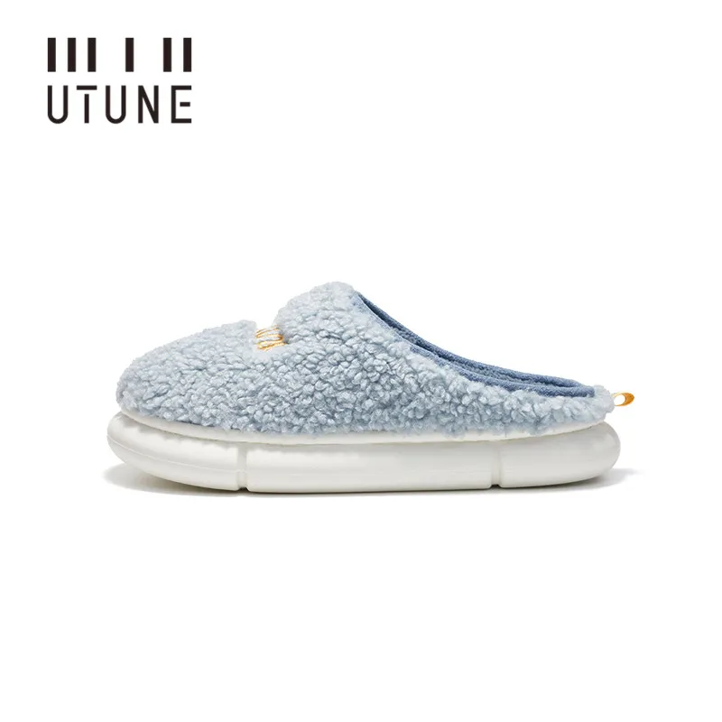 Top Trends: UTUNE Plush Slippers Men Warm Indoor Shoes 2021 Soft Women Furry Slides Plush EVA Thick Light Home Flats Platform Anti-slip Blue Shoppable Styles