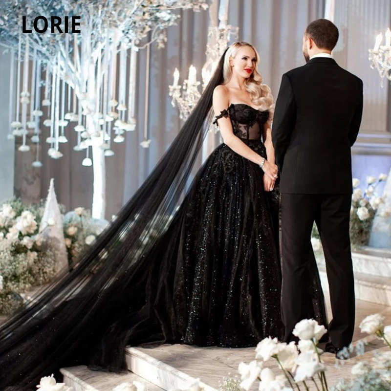 Top Trends: LORIE Black Wedding Dresses Glitter Bride Gown With Off Shoulder Ball Gown Sweetheart Lace Wedding Gown Plus Size Shoppable Styles