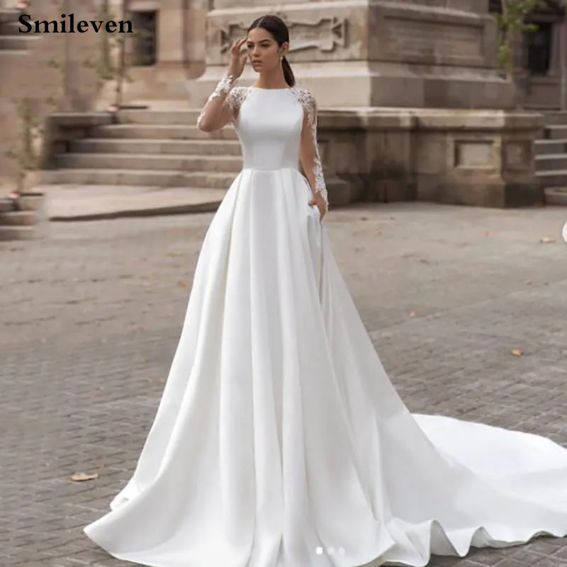 Top Trends: Smileven Elegant Satin Wedding Dresses Long Sleeve Lace Bride Gown Illusion Back Wedding Gown Covered Back Vestido De Novia 2020 Shoppable Styles