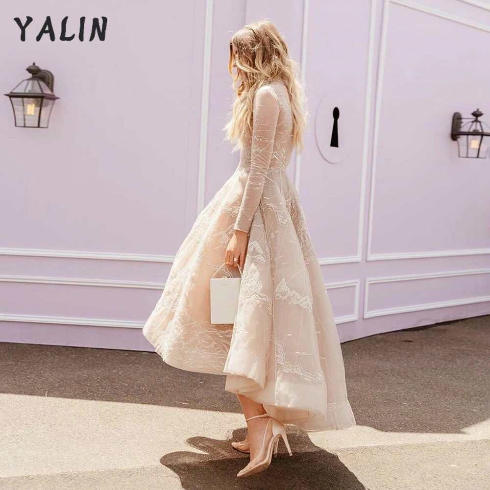 Top Trends: YALIN Elegant High Low Prom Dresses Long Sleeves Ankle Length Pleated Homecoming Applique Lace Vestidos De Fiesta Shoppable Styles