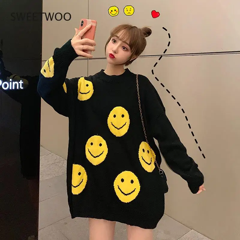 Top Trends: 2021 Autumn Winter Woman Sweater Smile Pattern Loose Korean Stylish Women Warm Oversize Casual Knitted Pullover Jumper Shoppable Styles