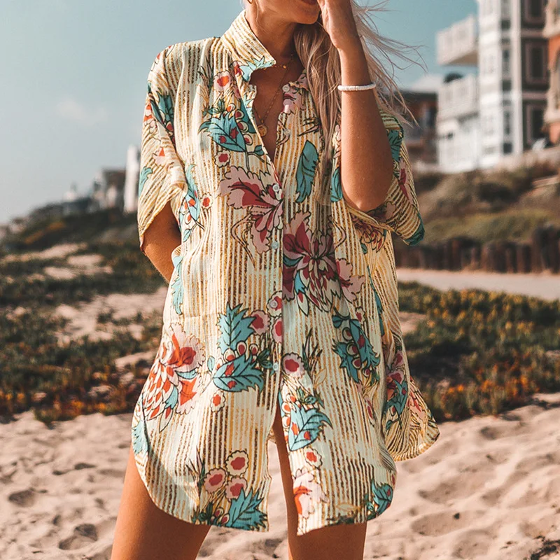 Top Trends: Women Boho Loose Bikini Cover Ups Tunic Kaftan Beach Dress Robe De Plage Cotton Pareo Wrap Shirt Beach Cover Up Shoppable Styles