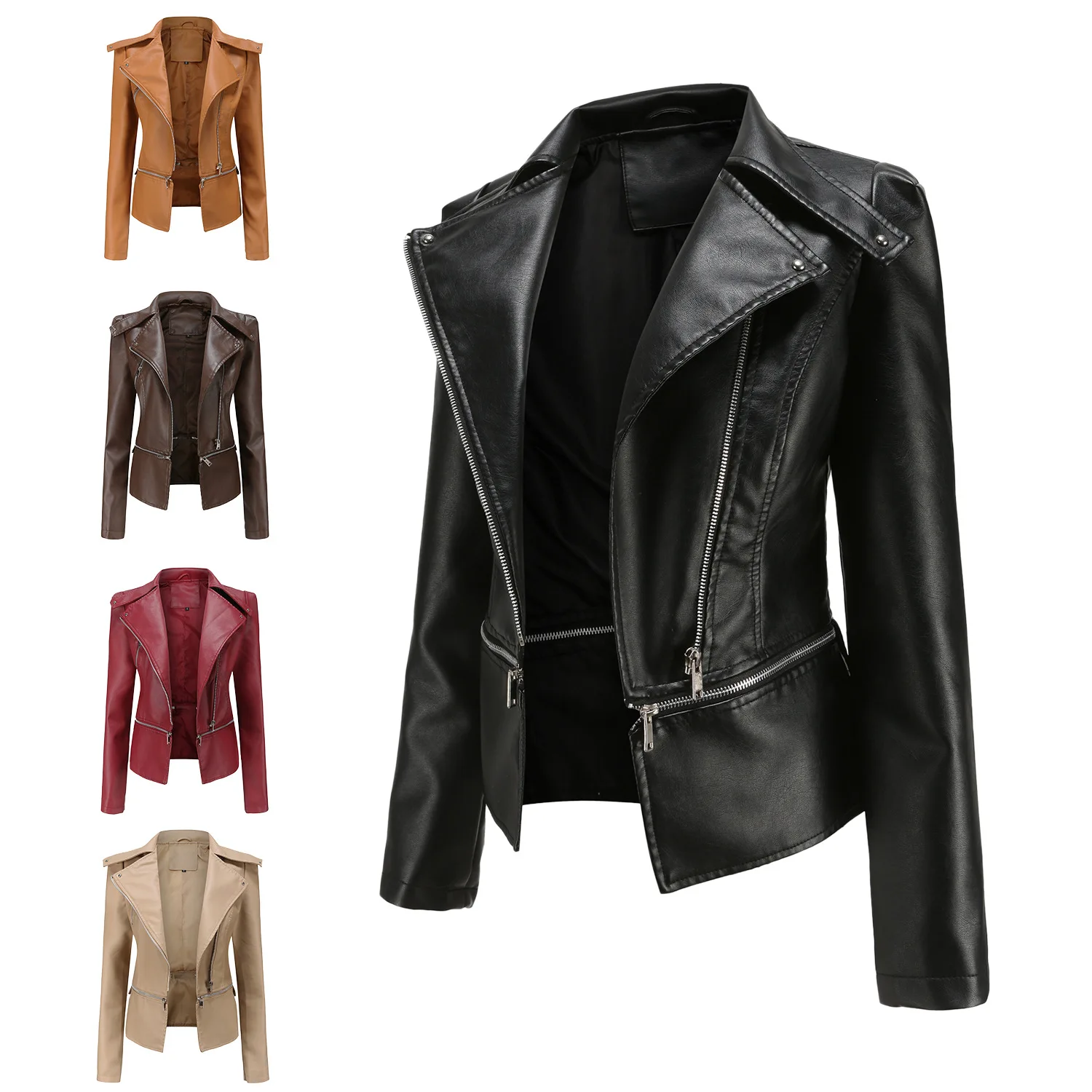 Top Trends: Spring Autumn Motorcycle Faux Leather Jacket Women Casual Leather Coat Female Long Sleeve Turn-down Collar Solid Outwear Shoppable Styles