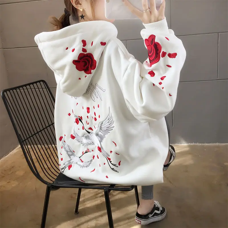 Top Trends: Oversized Women Hoodies Casual Embroidered Rose & Crane Sweatshirt Korean Style Autumn Long Sleeve Hooded Female Pullovers Tops Shoppable Styles