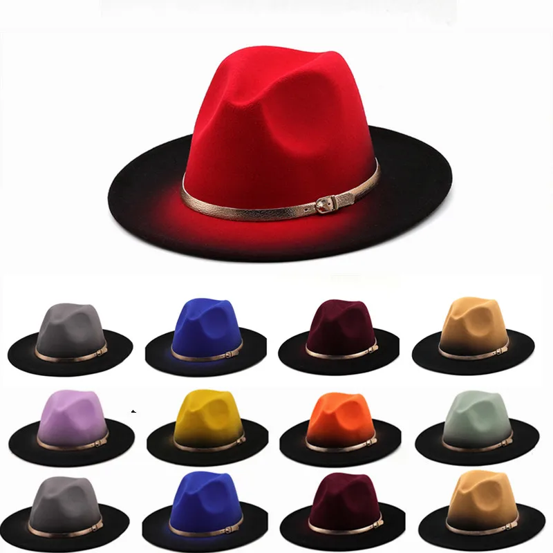 Top Trends: Women Patchwork Wide Brim Gradient Gold Belt Church Derby Top Hat Panama Felt Fedoras Hat Men Artificial British Style Jazz Cap Shoppable Styles