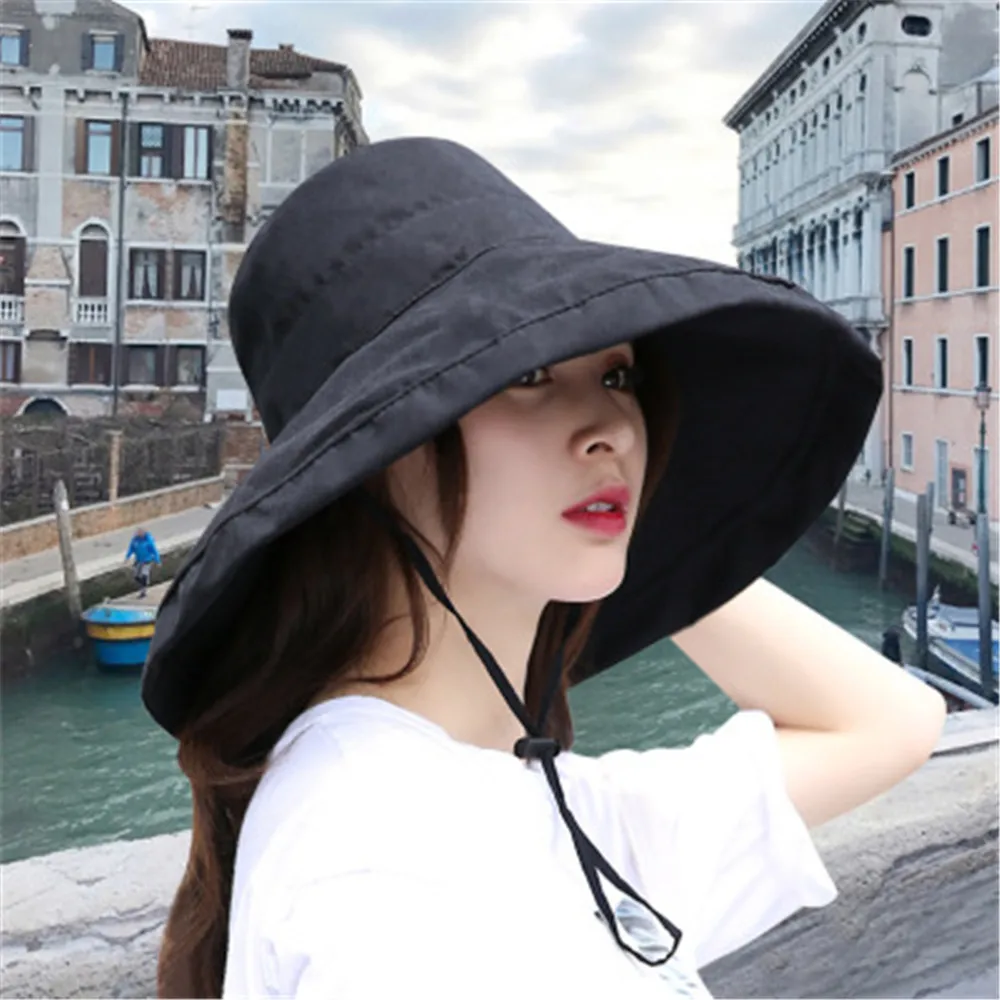 Top Trends: 1Pc Summer Big Brim Sun Hat For Female Seaside Sun Protection UV Beach Cap Japanese Wild Fisherman Hat With Windproof Rope Gifts Shoppable Styles