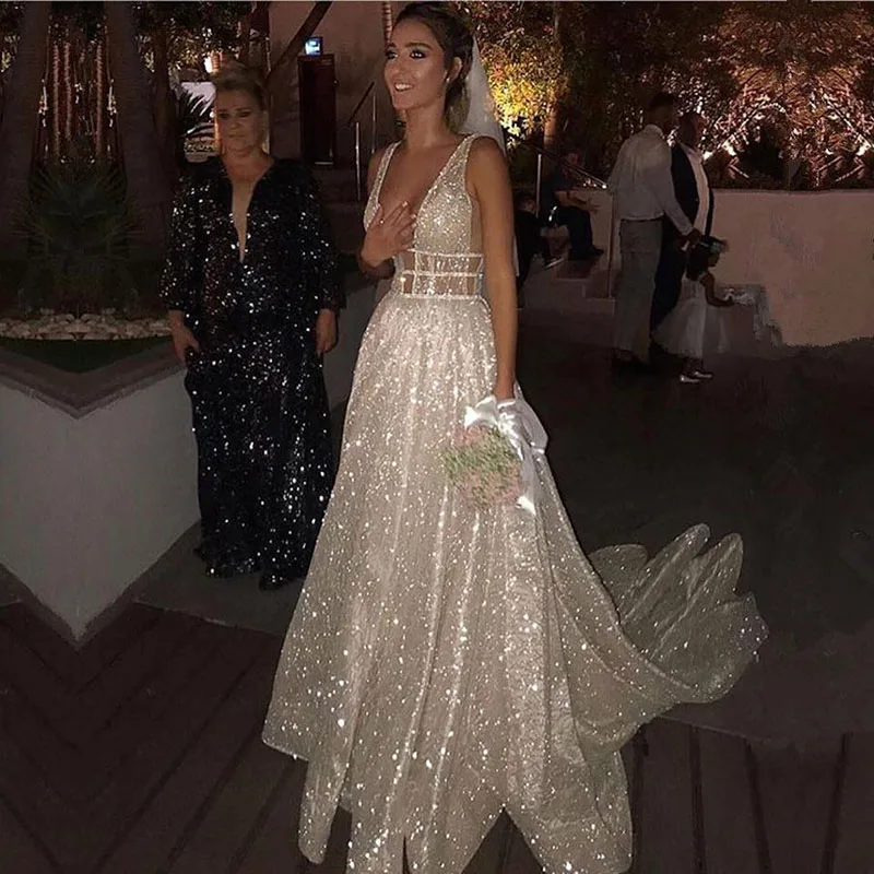 Top Trends: Sparkly A Line Wedding Dresses White Sequined Backless Boho Glitter Wedding Bride Gowns Robe De Soiree Shiny Vestidos De Novia Shoppable Styles