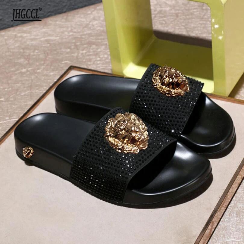 Top Trends: New Luxe Rhinestone Slippers Summer Couples Flip Flops Brand Designer Leisure Beach Slippers Male Chaussure Homme Big Yards T6 Shoppable Styles