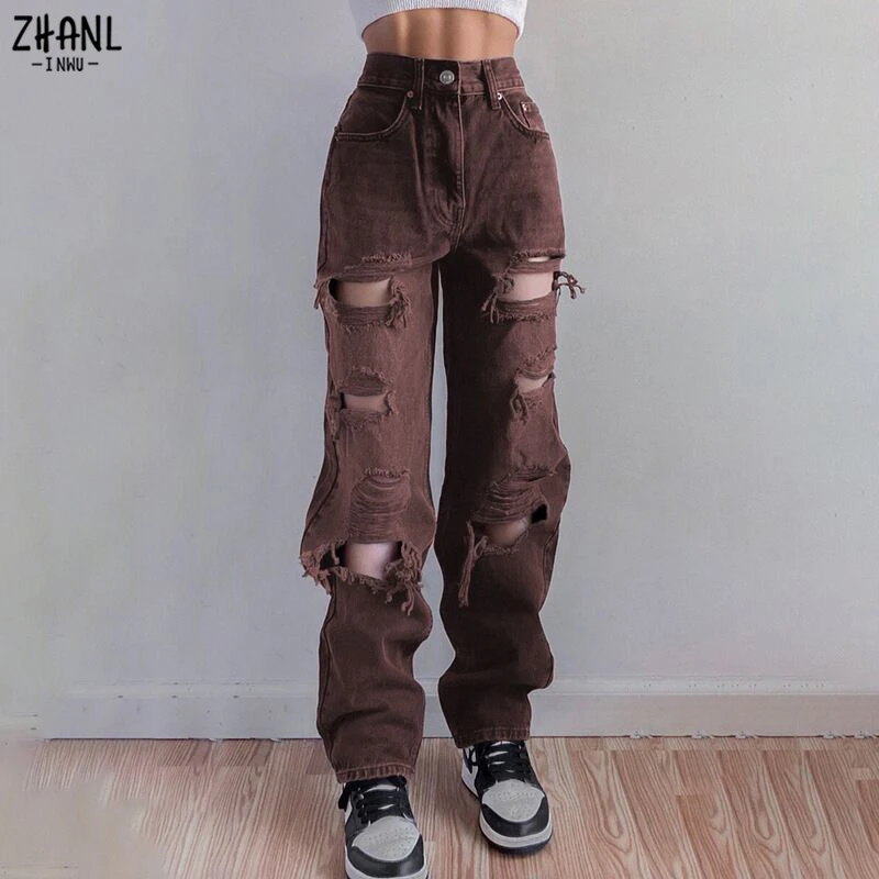 Top Trends: Brown Ripped Vintage Woman&#039;s Distressed Jeans Streetwear Hole Hip Hop High Waist Pants Fashion Straight Denim Trousers Ladies Shoppable Styles