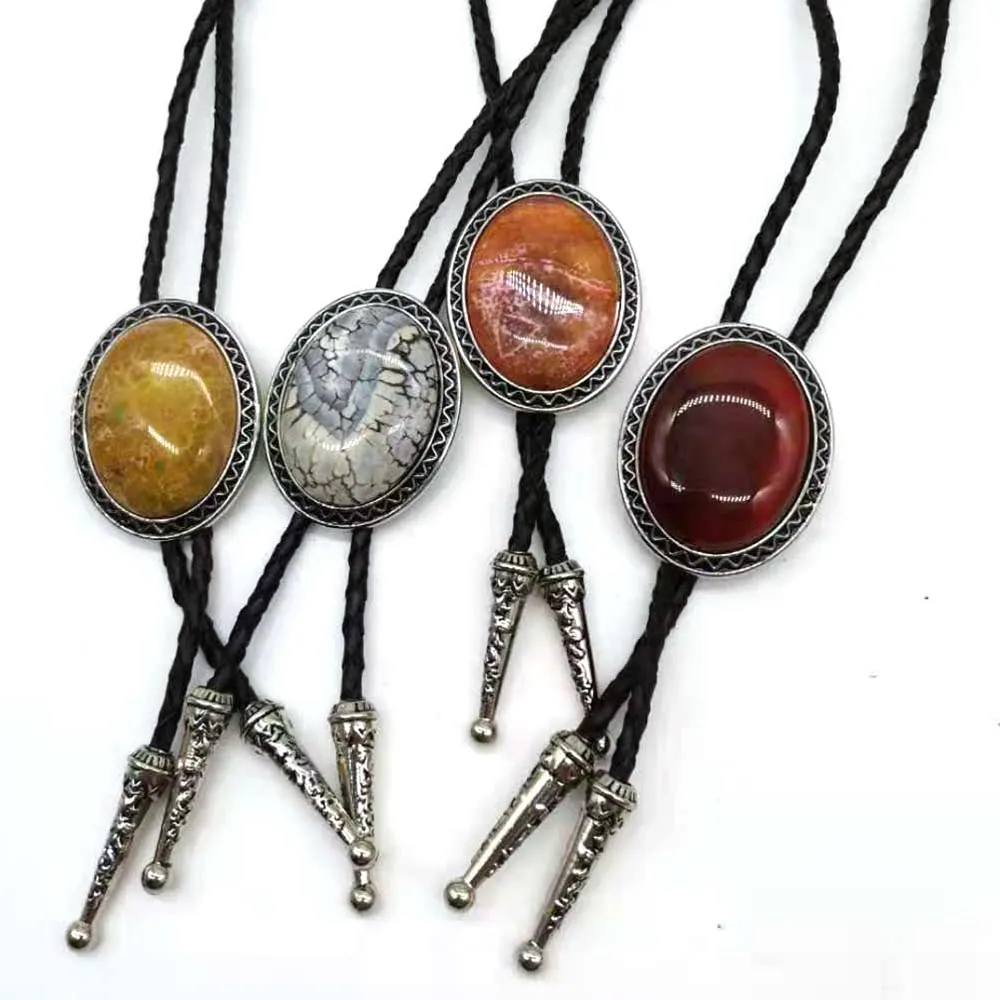 Top Trends: Oval Agate Natural Stone BOLO Tie Men's New High-end Wedding Accessories Leather Rope Shoppable Styles