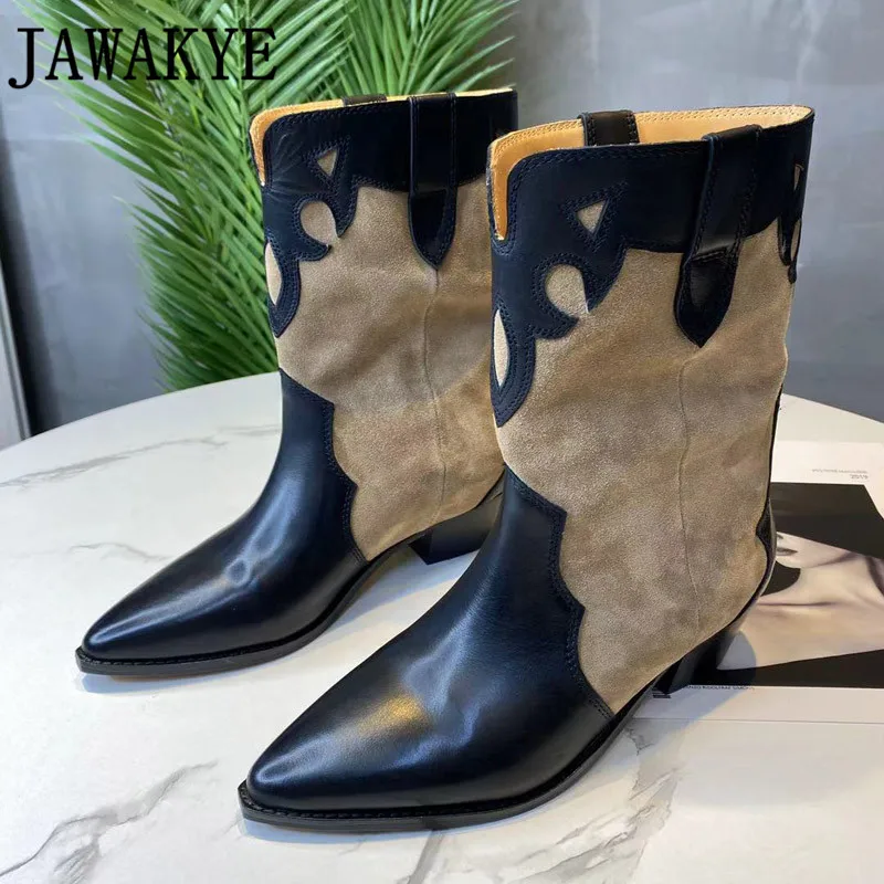 Top Trends: Pointy Toe Low-heel Boots Women Classic Splicing Cow Suede Leather Ankle Boots Brown Winter Fasjhion Cowboy Knight Boots Mujer Shoppable Styles