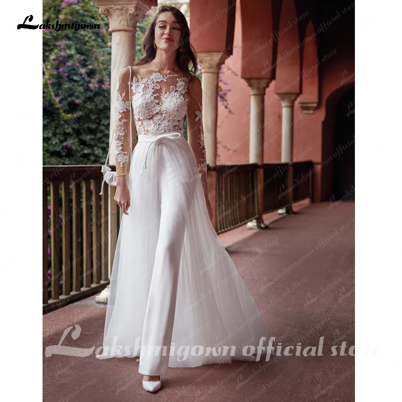 Top Trends: Charming Long Sleeves Lace Jumpsuits Wedding Dresses With Detachable Train Soft Satin White Bridal Gown Vestido De Noiva 2023 Shoppable Styles