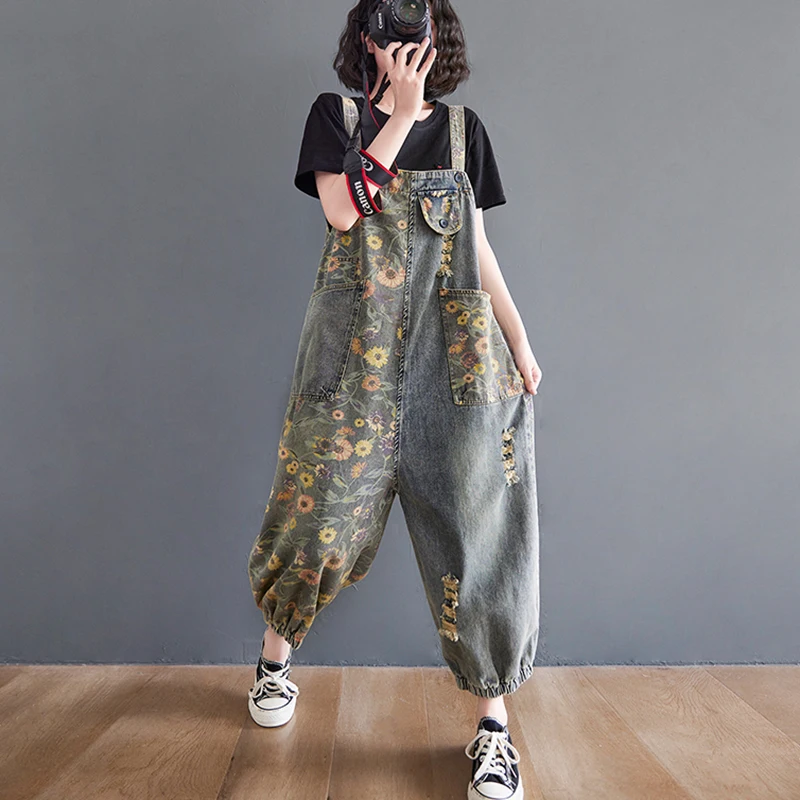 Top Trends: Casual Loose Plus Size Jeans Jumpsuits Women Spring Autumn Print Floral Denim Overalls Wide Leg Dungarees Straps Baggy Pants Shoppable Styles