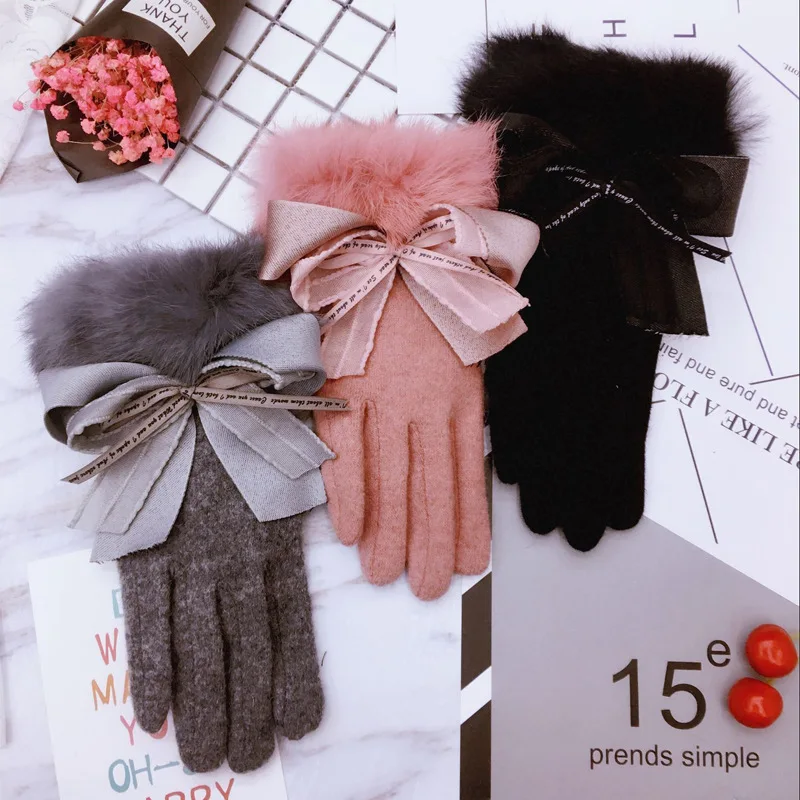 Top Trends: New All-Match Female Autumn And Winter Cute Warm Touch Screen Thick Rabbit Fur Wool Cashmere Warm Finger Gloves Shoppable Styles