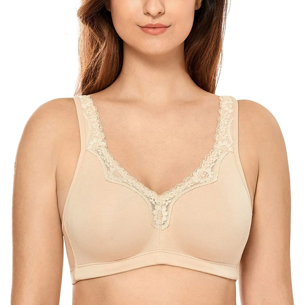 Top Trends: Wire Free Non Padded Lace Trim Plus Size Wirefree Cotton Bra Women Soft Cup Sleeping Underwear Minimizer Bra C D E F G H I Shoppable Styles