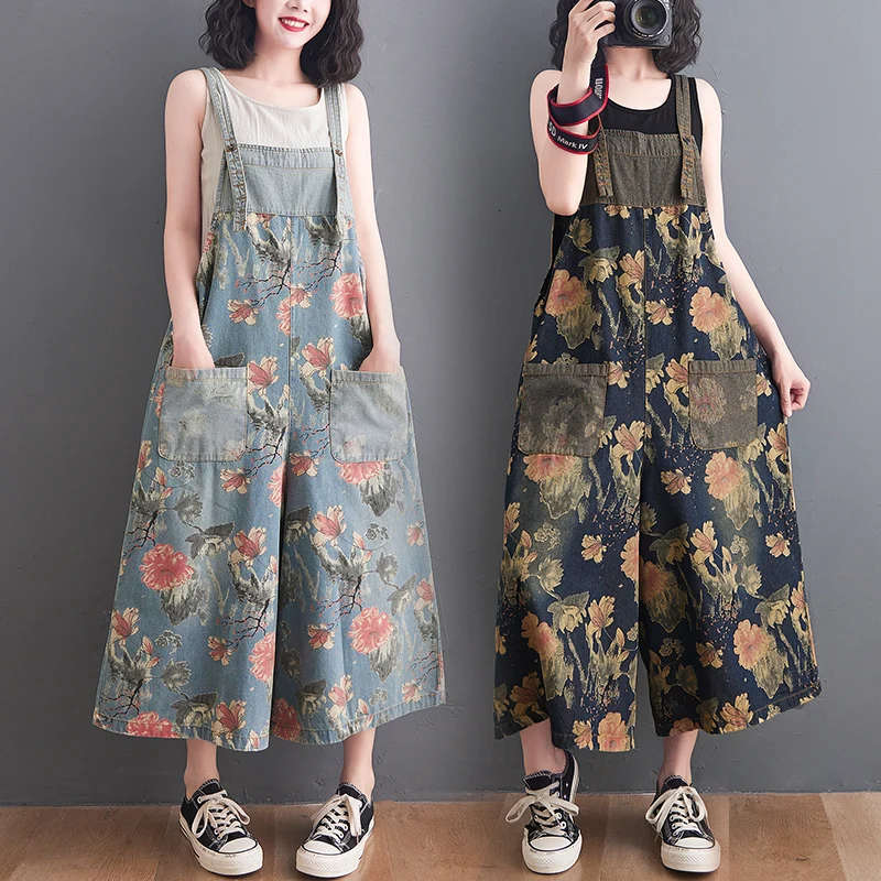 Top Trends: #2310 Summer Ladies Jumpsuits Ankle-length Loose Wide Leg Jumpsuits Women Floral Print Denim Rompers Vintage Denim Overalls Shoppable Styles