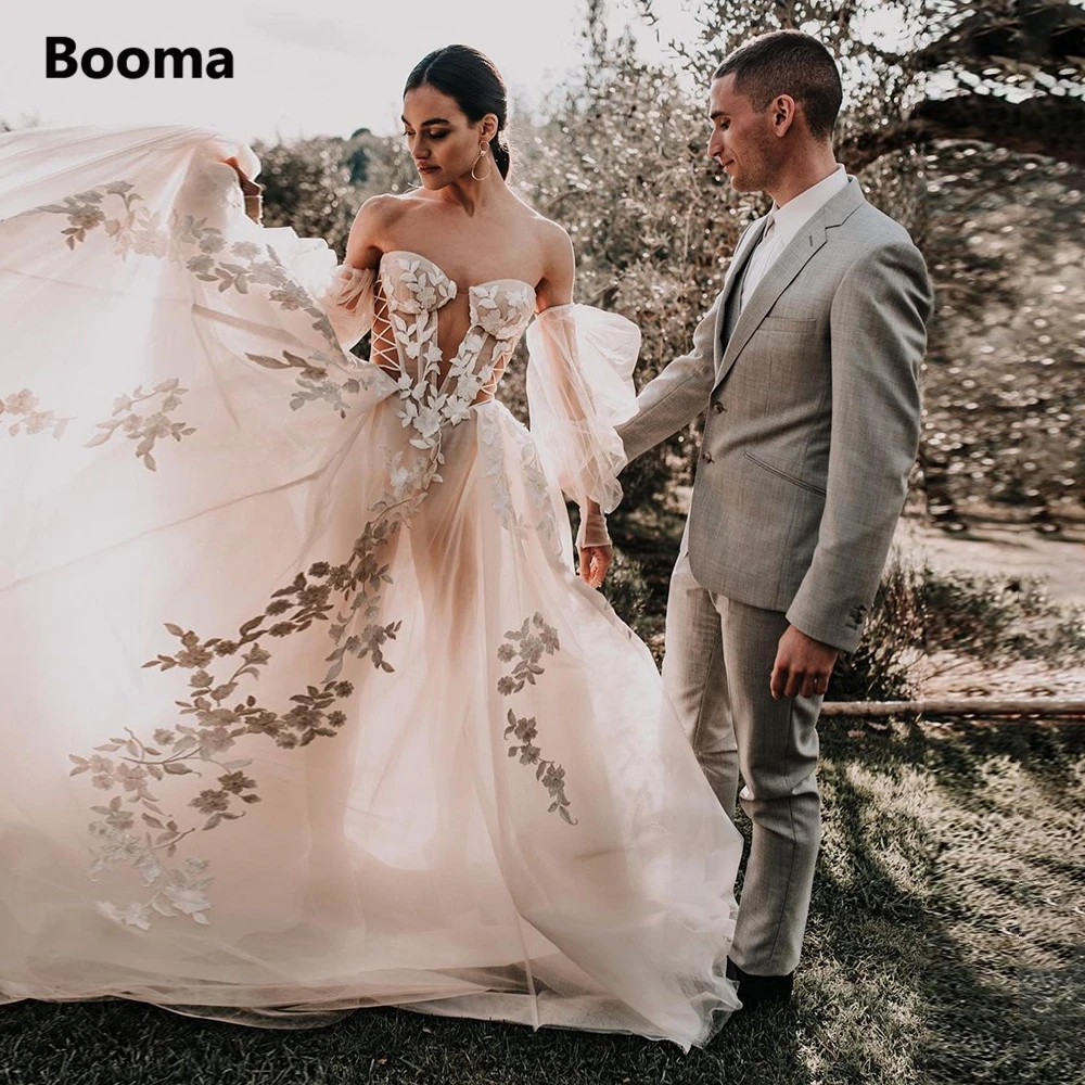 Top Trends: Booma 2022 Floral Appliques Princess Wedding Dresses Detachable Sleeves Illusion Criss Cross Bandage Pleated Beach Bridal Gowns Shoppable Styles