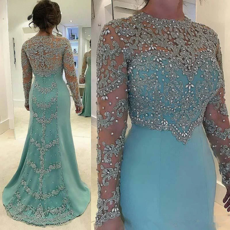 Top Trends: Rhinestones Beaded Appliques Mother Of The Bride Dresses Mint Green Mermaid Wedding Dress Sparkly Long Sleeve Formal Party Gowns Shoppable Styles