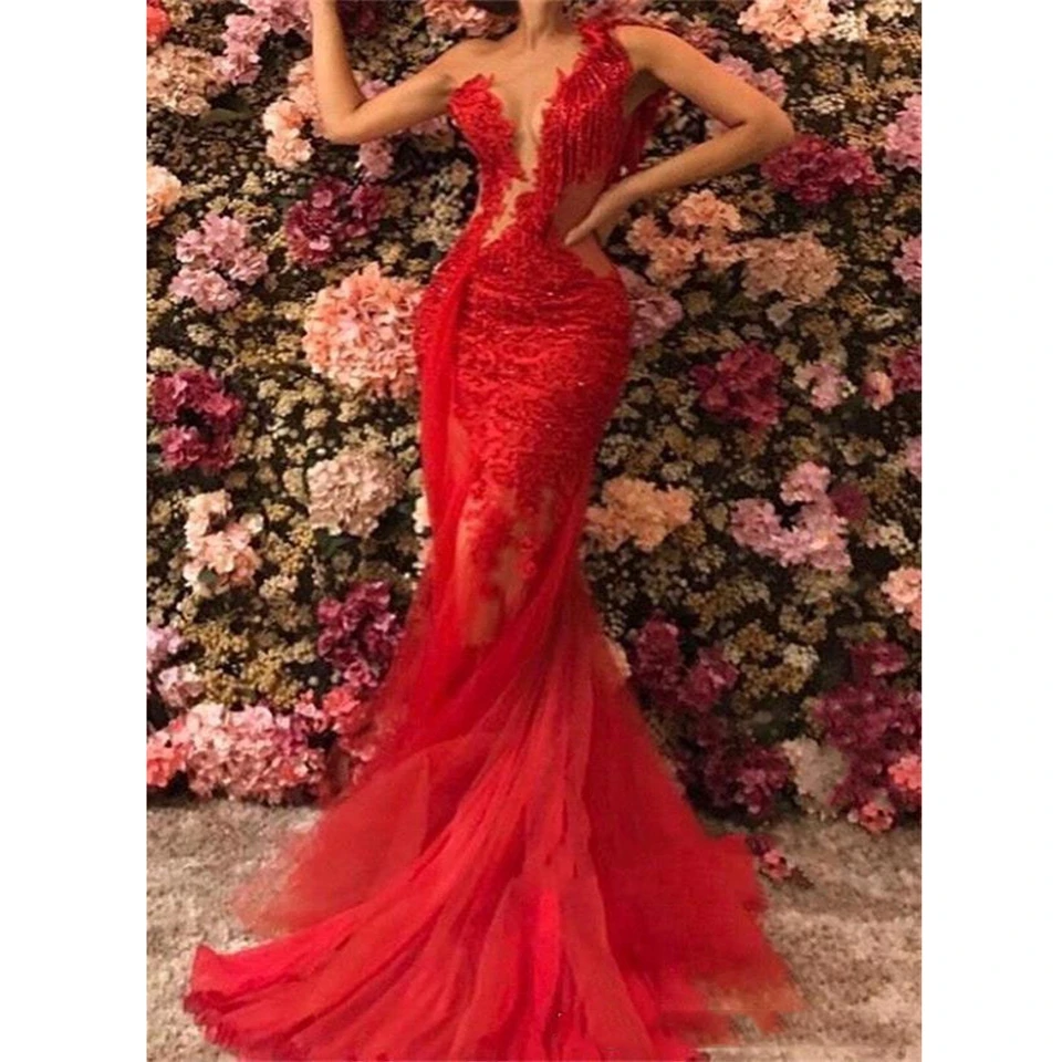 Top Trends: Red Mermaid Evening Dresses 2023 Sexy Women Formal Party Night Elegant Lace Appliques Sleeveless One-Shoulder Long Prom Gowns Shoppable Styles - Image 6