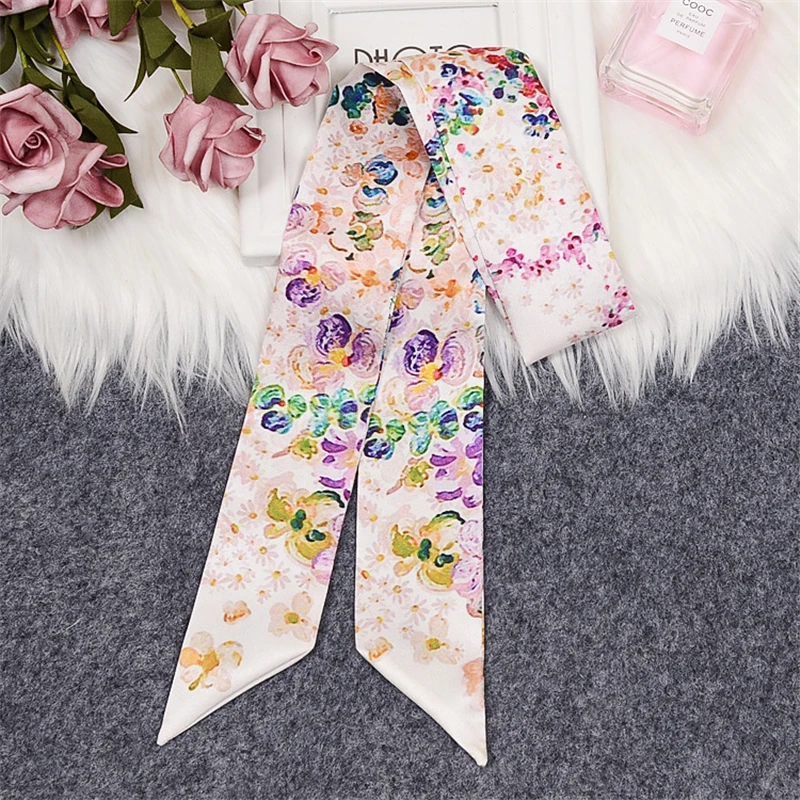 Top Trends: Summer Fashion Floral Scarf Female Sweet Wind Satin Scarf Ladies Tie Wrap Silk Scarf Skinny Long Small Ribbon Headband BL13 Shoppable Styles