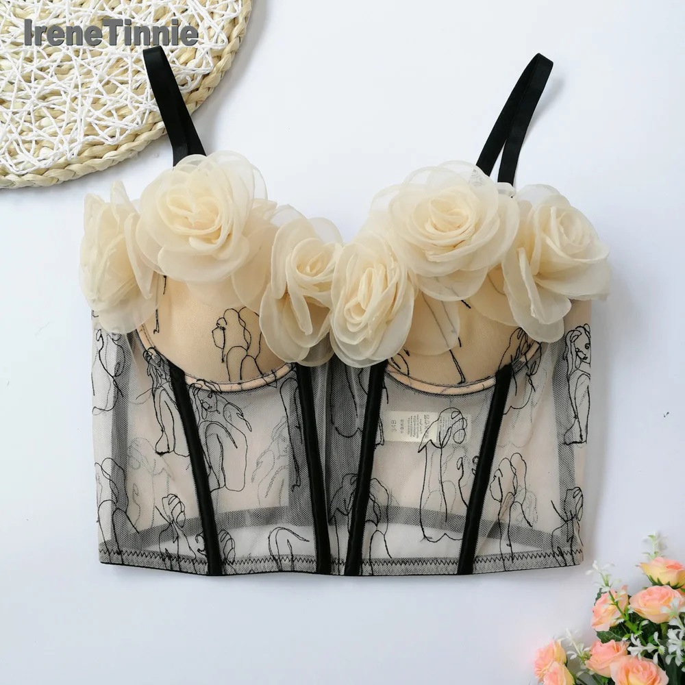 Top Trends: Fashion Tank Top Sweet Flowers Crop Top Mesh Embroidery Corset Women Elegant Party Night Club Bustier Streetwear Festive Clothes Shoppable Styles