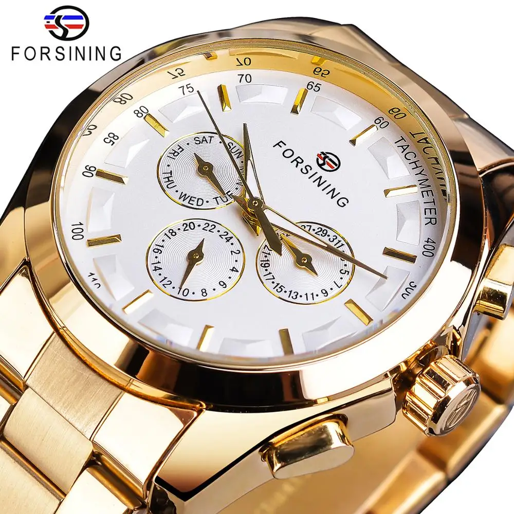 Top Trends: Forsining Golden Men Mechanical Watch Fashion 3 Dial Calendar Steel Band Business Gentleman Automatic Watches Clock Montre Homme Shoppable Styles