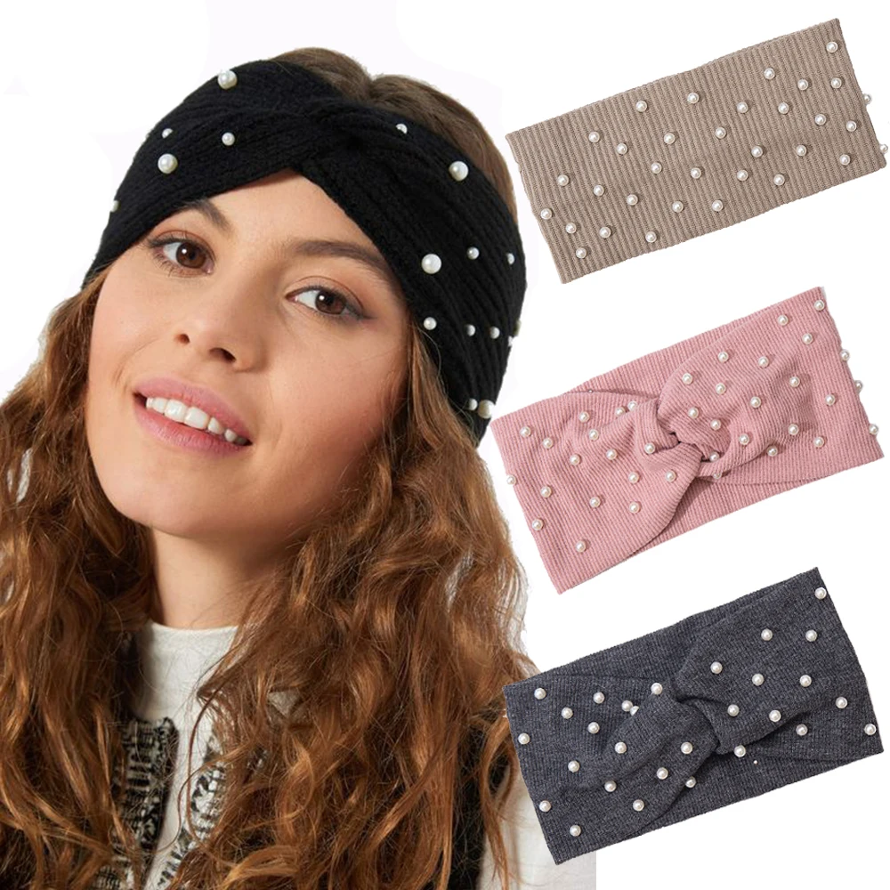 Top Trends: Bow Women's Headbands Pearls Head Bands Knitted Turban Bandana Autumn Winter Elastic Hairband Warm Hair Accessories Headdress Shoppable Styles