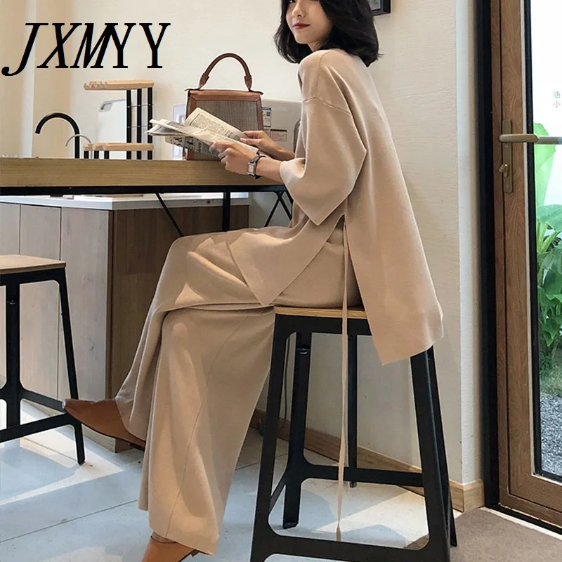 Top Trends: Loose Knitted Suit Autumn Women Set V Neck Long Pullovers Sweater + Wide Legs Pants Suit Female Tracksuit Two Piece Set Women Shoppable Styles