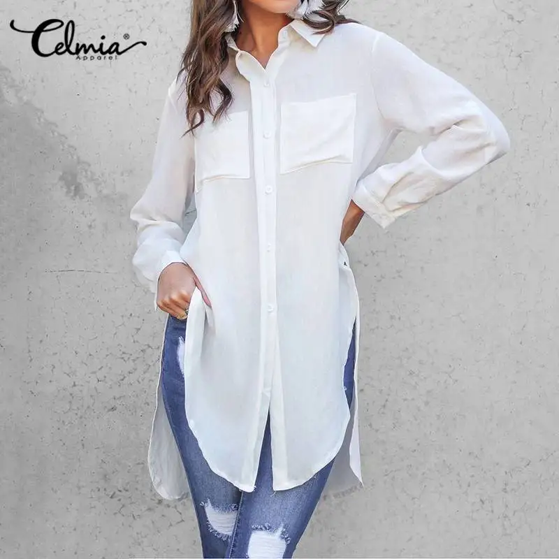 Top Trends: Celmia Women White Shirts 2023 Summer Lapel Asymmetrical Split Long Tunic Tops Casual Oversize Blouses Elegant Office Blusas Shoppable Styles