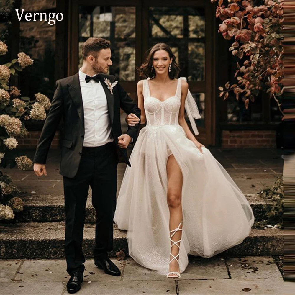 Top Trends: Verngo 2024 New Berta Beach Wedding Dress Lace Floral Glitter Underlay A Line Bride Gowns Front Slit Country Sexy Bridal Gowns Shoppable Styles