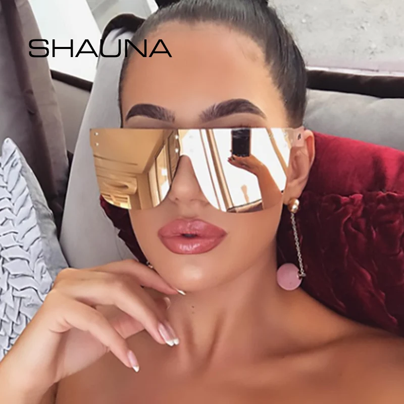 Top Trends: SHAUNA Oversize Retro Rivets Pilot Sunglasses Women Brand Designer Fashion One Piece Mirror Reflective Shades UV400 Shoppable Styles