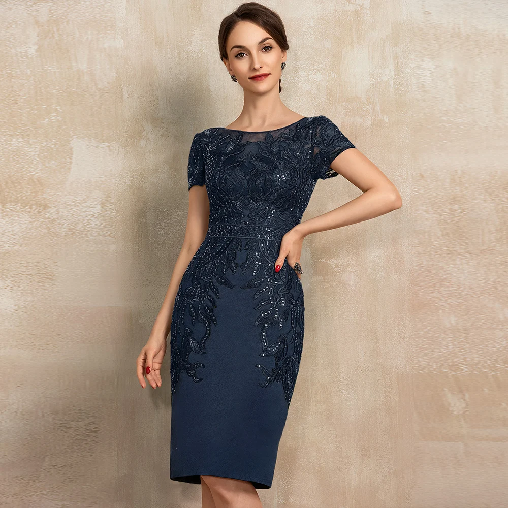 Top Trends: Elegant Navy Blue Straight Mother Of The Bride Dress For Woman Short Sleeves Vintage Groom Mom Wedding Party Gown Knee Length Shoppable Styles