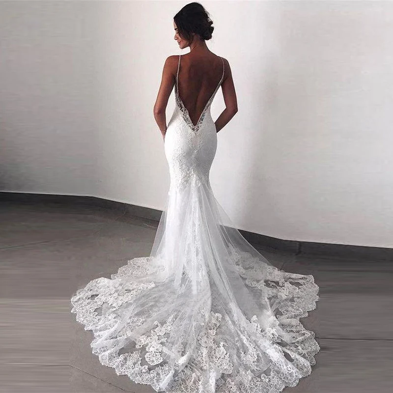 Top Trends: Sexy White Mermaid Wedding Dresses Lace Open Back Spaghetti Straps Appliqued Bridal Gowns Elegant Vintage Vestidos De Novia Shoppable Styles