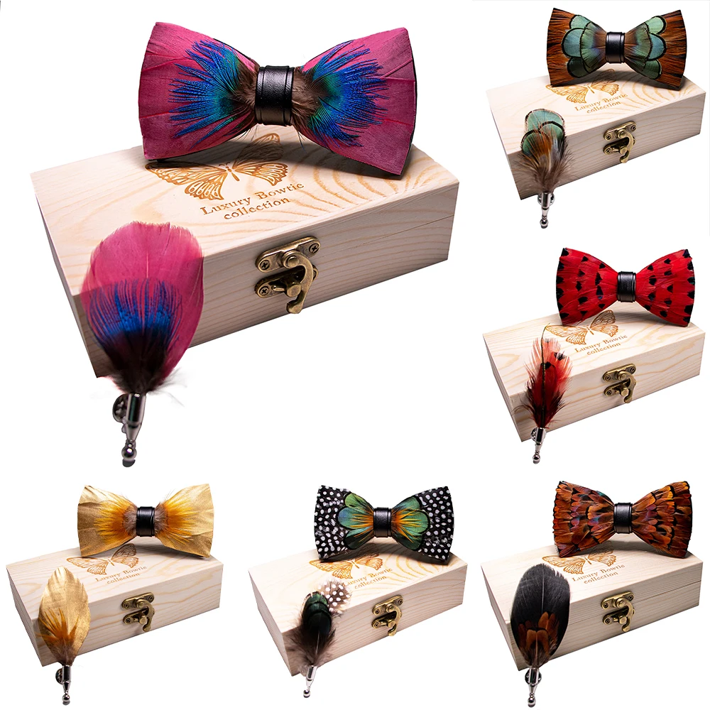 Top Trends: KAMBERFT 67 Style New Design Natural Feather Bow Tie Exquisite HandMade Mens BowTie Brooch Pin Wooden Gift Box Set For Wedding Shoppable Styles