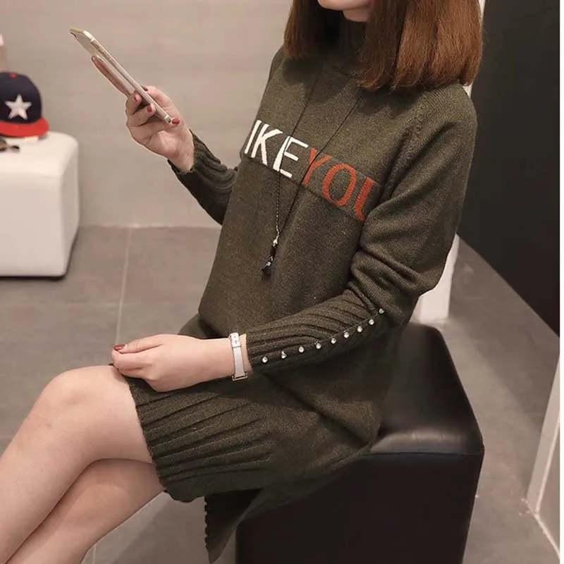 Top Trends: Autumn Winter Long Knit Sweater Pullover Women Half Turtleneck Long-sleeve Bead Loose Femmes Thicken Jumper Sweaters Female Shoppable Styles