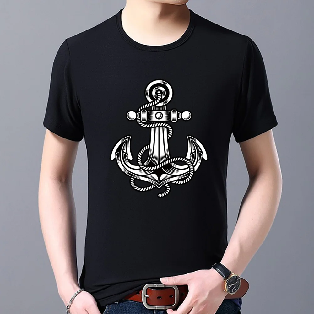 Top Trends: Men's Summer Street Trend T-shirt Pirate Anchor Print T-shirt Casual Black Top All-match Personality Soft Round Neck Men's Shirt Shoppable Styles