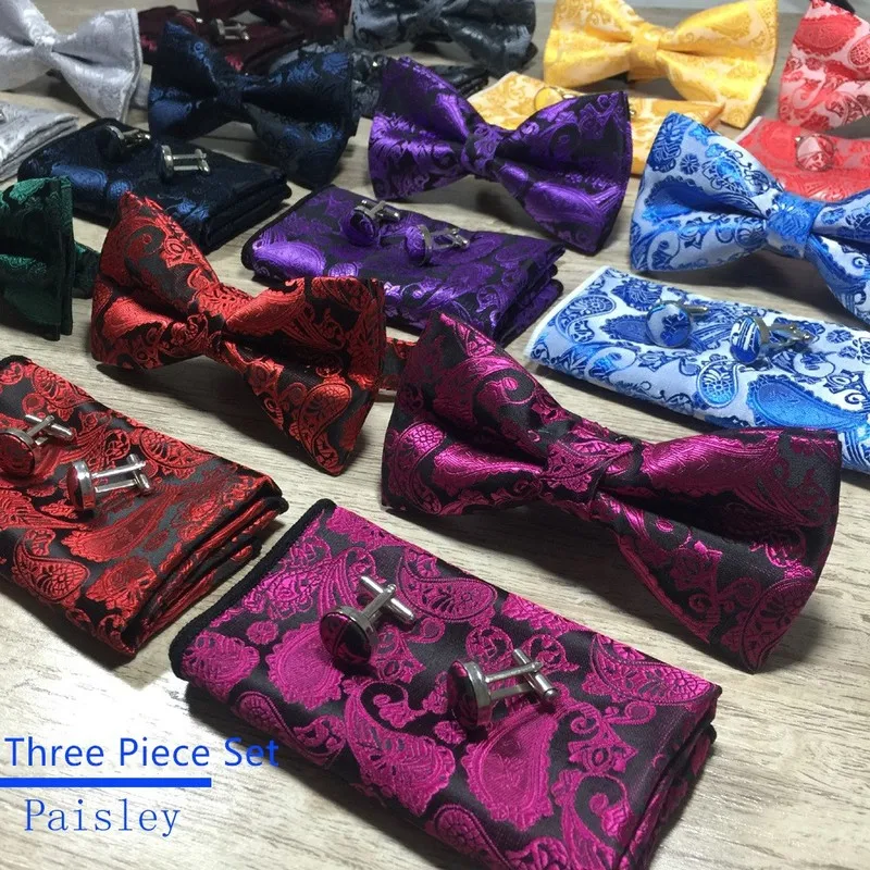 Top Trends: Fashion Three-piece Bowtie Hanky Sleeve Button Set Men's Tie Pocket Square Cufflinks Suit Paisley Cashew Cravat Shoppable Styles - Image 2