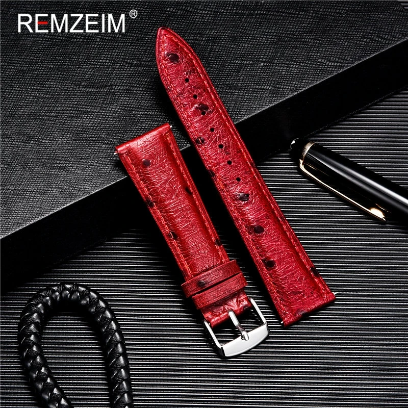 Top Trends: REMZEIM Ostrich Pattern Leather Watchbands Bracelet Black Blue Red Brown Watch Strap For Women Men 18 20 22mm Wrist Band Shoppable Styles